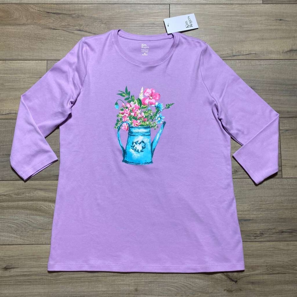 Kim Rogers Womens Perfectly Soft 3/4 Sleeve‎ Watercan Graphic Tee Size M Lilac